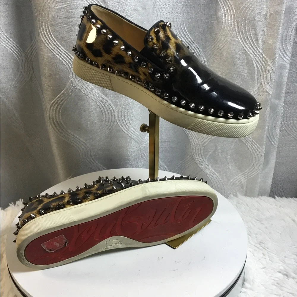 Christian Louboutin Black Patent & Leopard Spike Trim Slip-On Sneakers